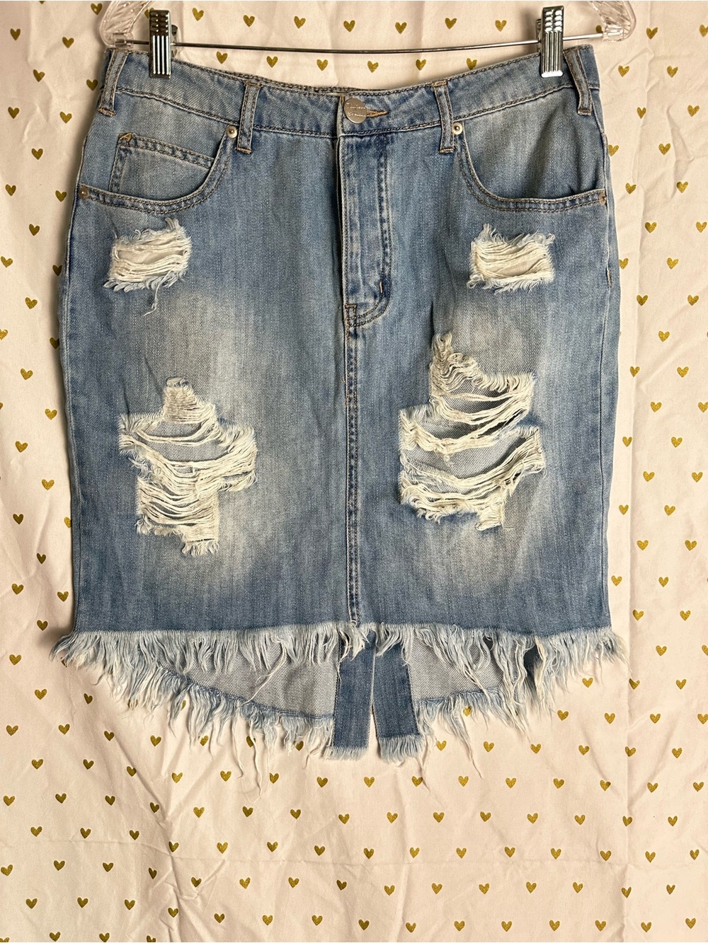 Vintage Havana Light Blue Distressed Denim Pencil Skirt